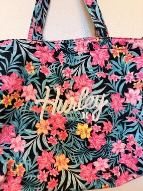 Hurley Black Zipper Tote with Pink & Yellow Tropical Floral Print